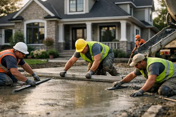 concrete workers laying a concrete slab from Leander Stamped Concrete in Austin, TX - Austin TX