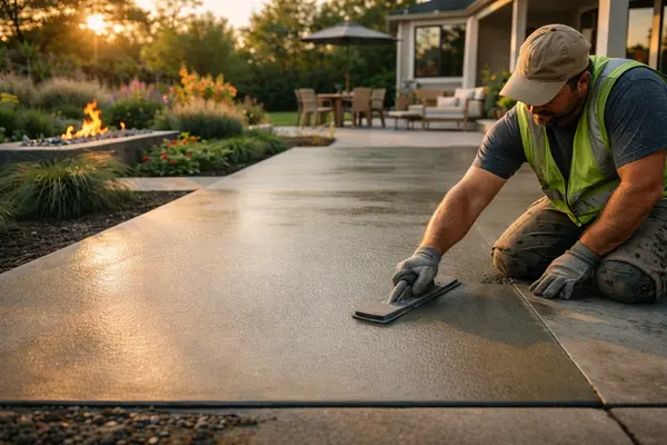 a concrete worker refinishing a concrete patio from Leander Stamped Concrete in Austin, TX - Austin TX