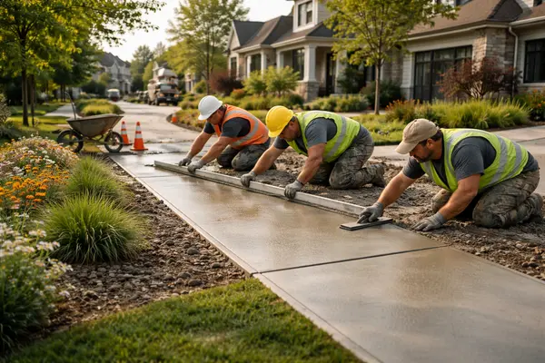 3 concrete workers refinishing a sidewalk from Leander Stamped Concrete in Leander, TX - Commercial Concrete Repairs
