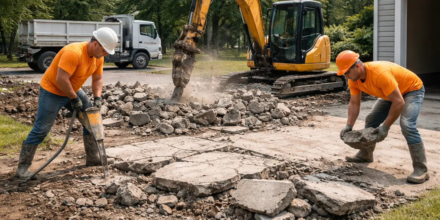 2 workers demolishing a driveway from Leander Stamped Concrete in Leander, TX - Concrete Contractor near me