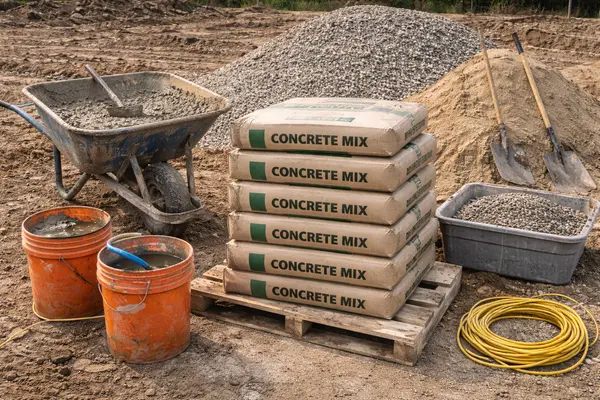 cement bags and some concrete tools from Leander Stamped Concrete in Leander, TX - Concrete Contractor near me