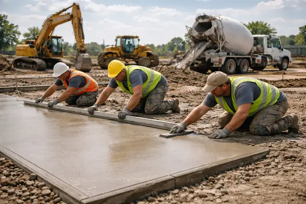 3 concrete workers refinishing a new concrete slab from Leander Stamped Concrete in Leander, TX - Concrete resurfacing