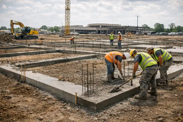 concrete workers building the foundation of a new building from Leander Stamped Concrete in Leander, TX - Driveway Replacement